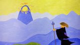 瀬田川の対岸の山で光を放つ霊木を見つめる弘法大使のイラスト